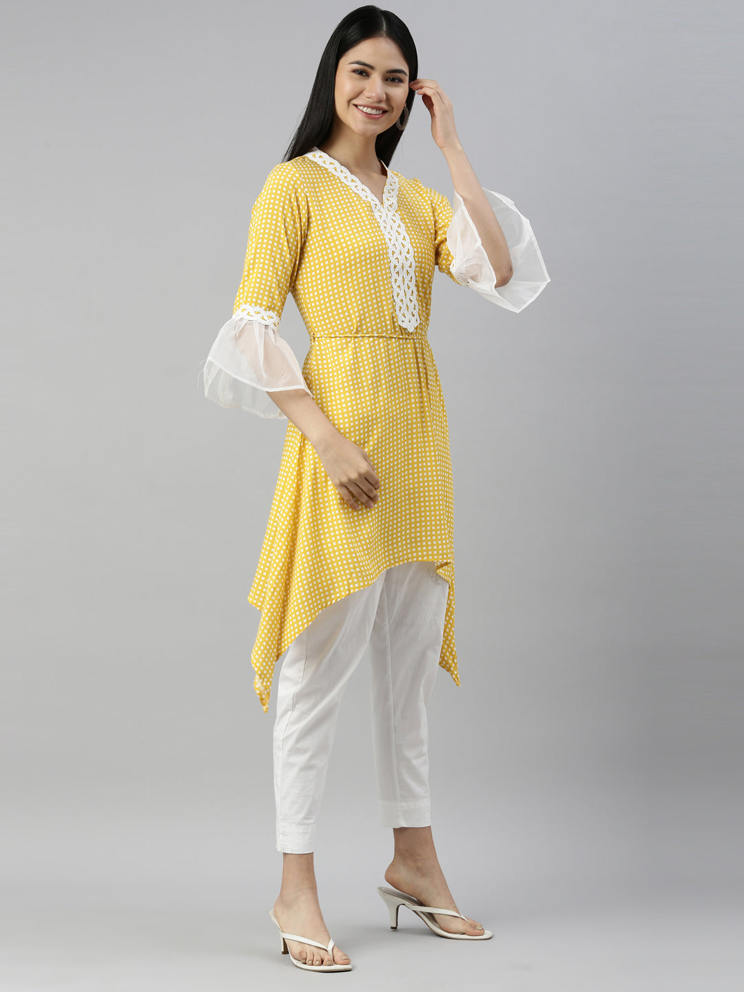 Neerus Yellow viscose rayon printed A-line kurti - detail view 1
