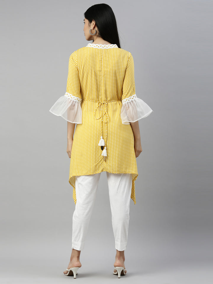 Neerus Yellow viscose rayon printed A-line kurti - detail view 2