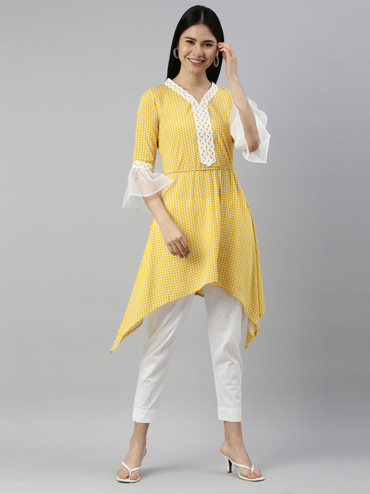 Neerus Yellow viscose rayon printed A-line kurti - detail view 3