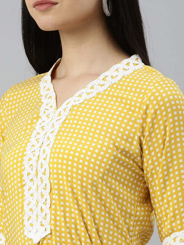 Neerus Yellow viscose rayon printed A-line kurti - detail view 5