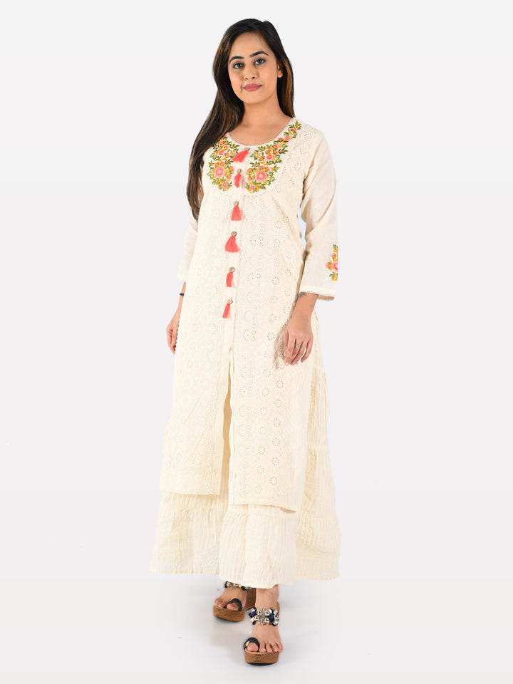 Neerus Beige cotton embroidered straight kurta - detail view 2