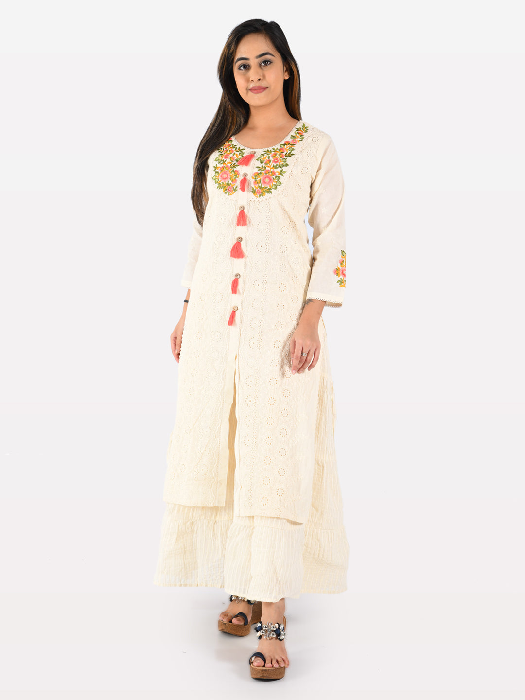 Neeru's Cream Embroidered Straight Kurta