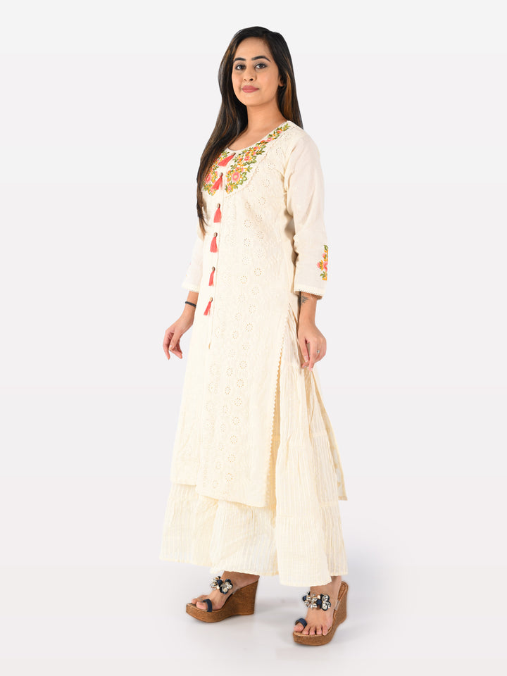 Neerus Beige cotton embroidered straight kurta - front view