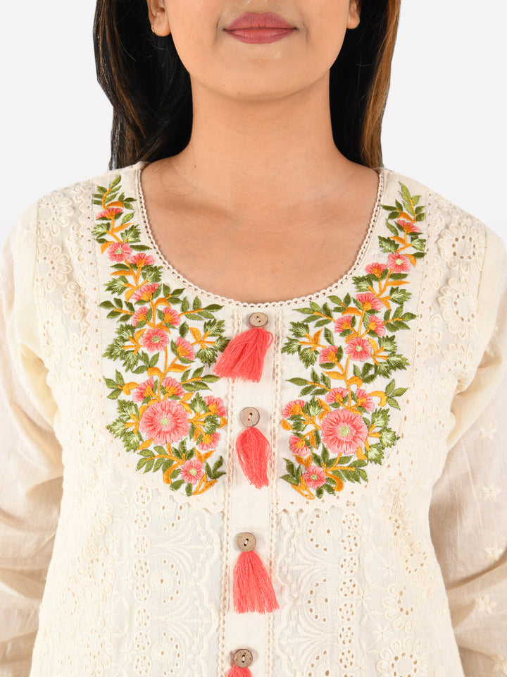 Neerus Beige cotton embroidered straight kurta - back view