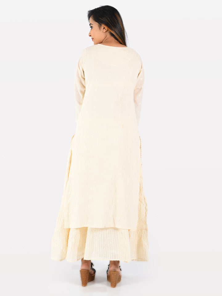 Neerus Beige cotton embroidered straight kurta - side view