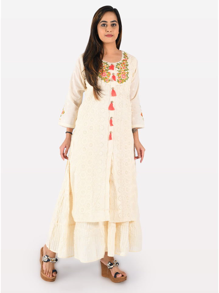 Neerus Beige cotton embroidered straight kurta - detail view 1