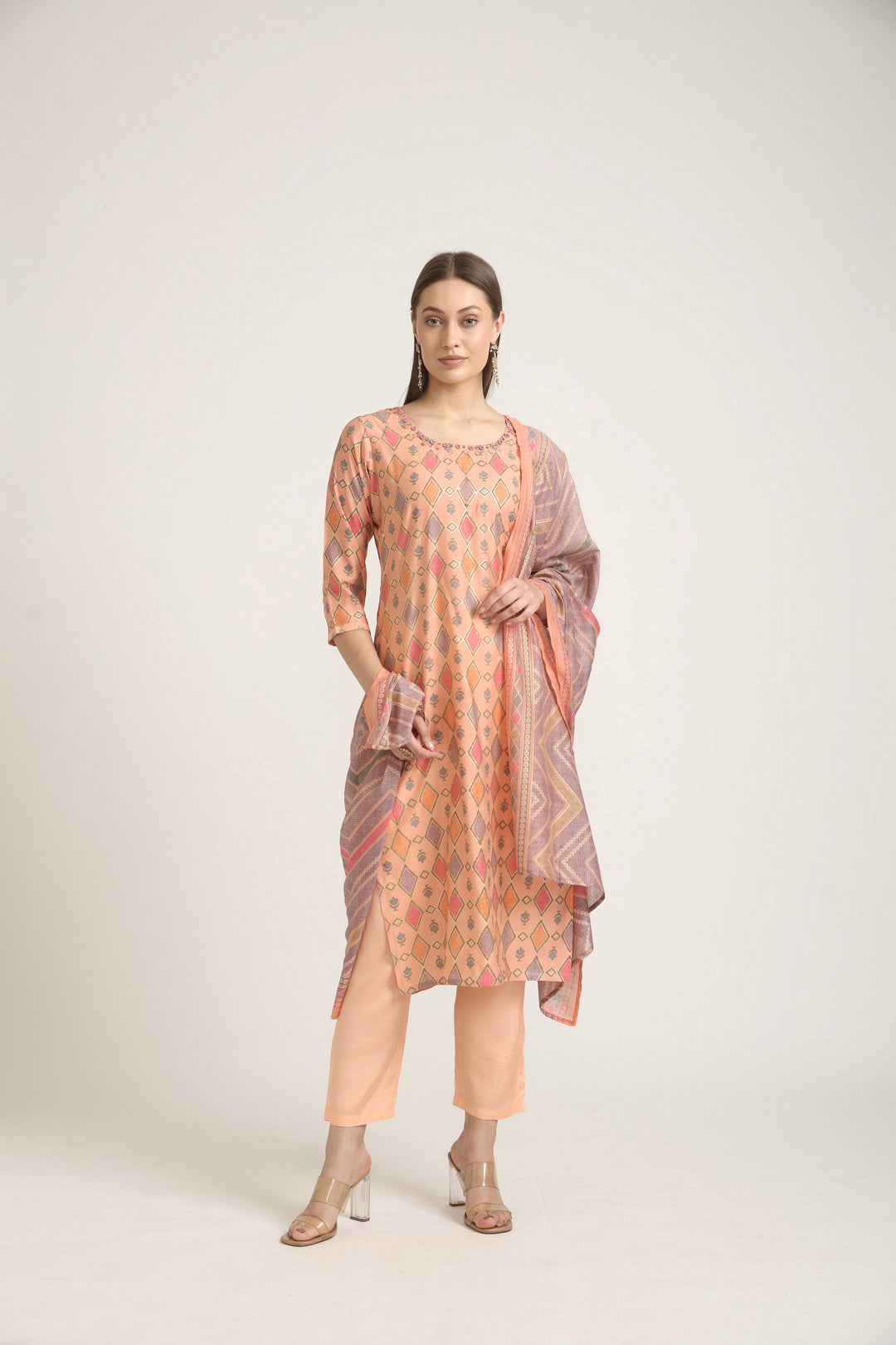 Neerus Orange modal printed suit set - front view