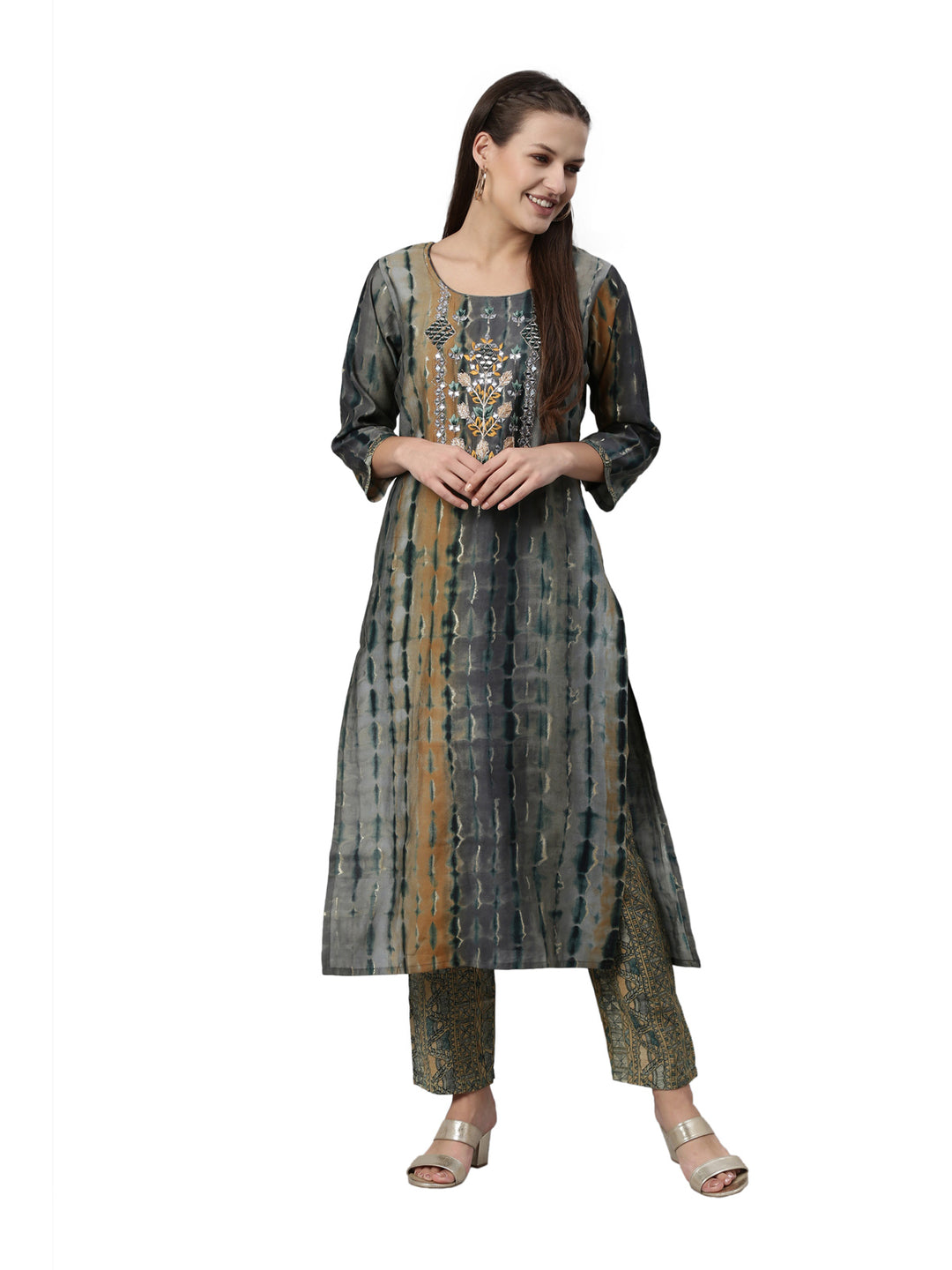 Neerus Grey satin kurta set - detail view 3