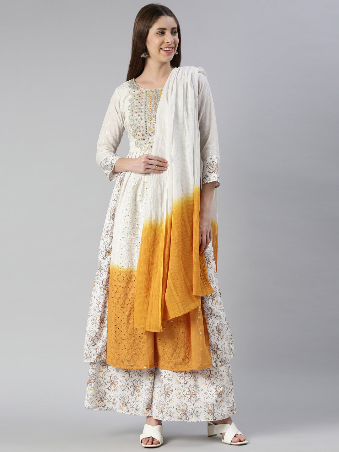 Neerus White embroidered kurta set with palazzo and dupatta - front view