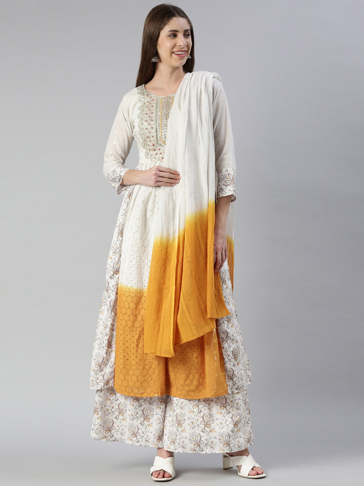 Neerus White embroidered kurta set with palazzo and dupatta - front view