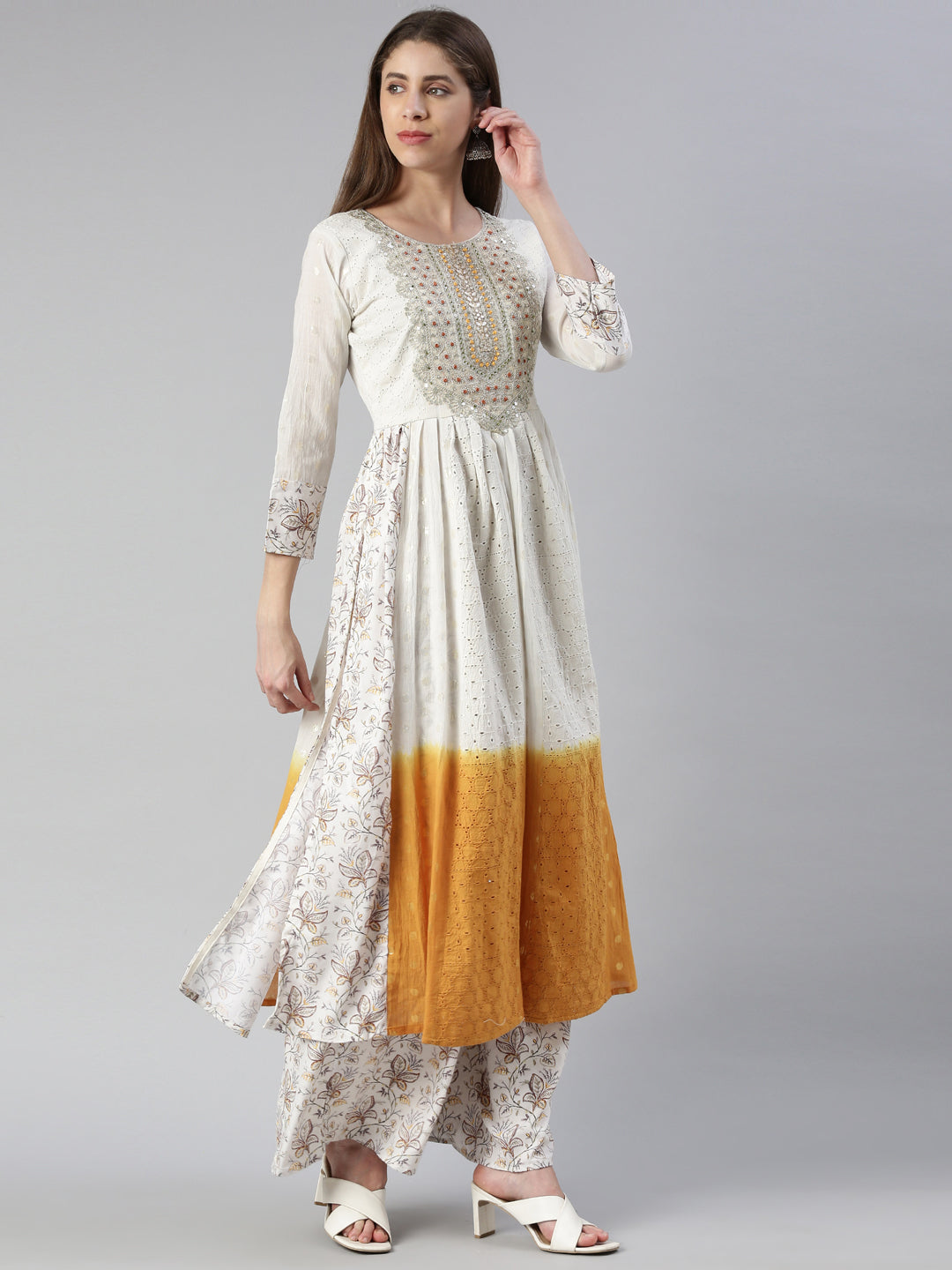 Neerus Women  Off White Yoke Design Knee Length Kurta And Palazzos With Dupatta