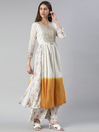 Neerus Women  Off White Yoke Design Knee Length Kurta And Palazzos With Dupatta
