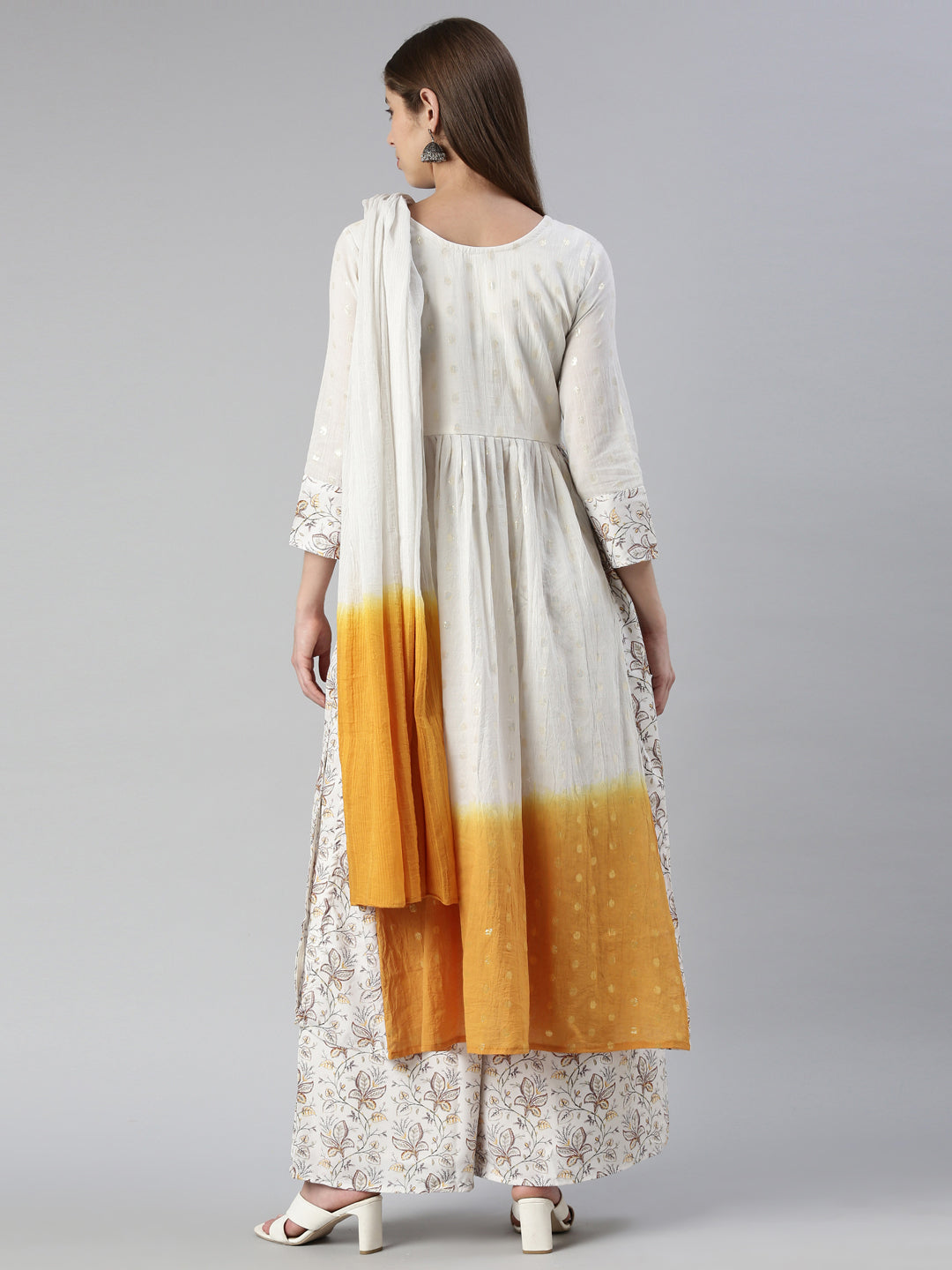 Neerus White embroidered kurta set with palazzo and dupatta - side view