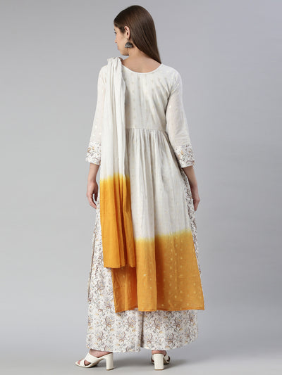 Neerus Women  Off White Yoke Design Knee Length Kurta And Palazzos With Dupatta