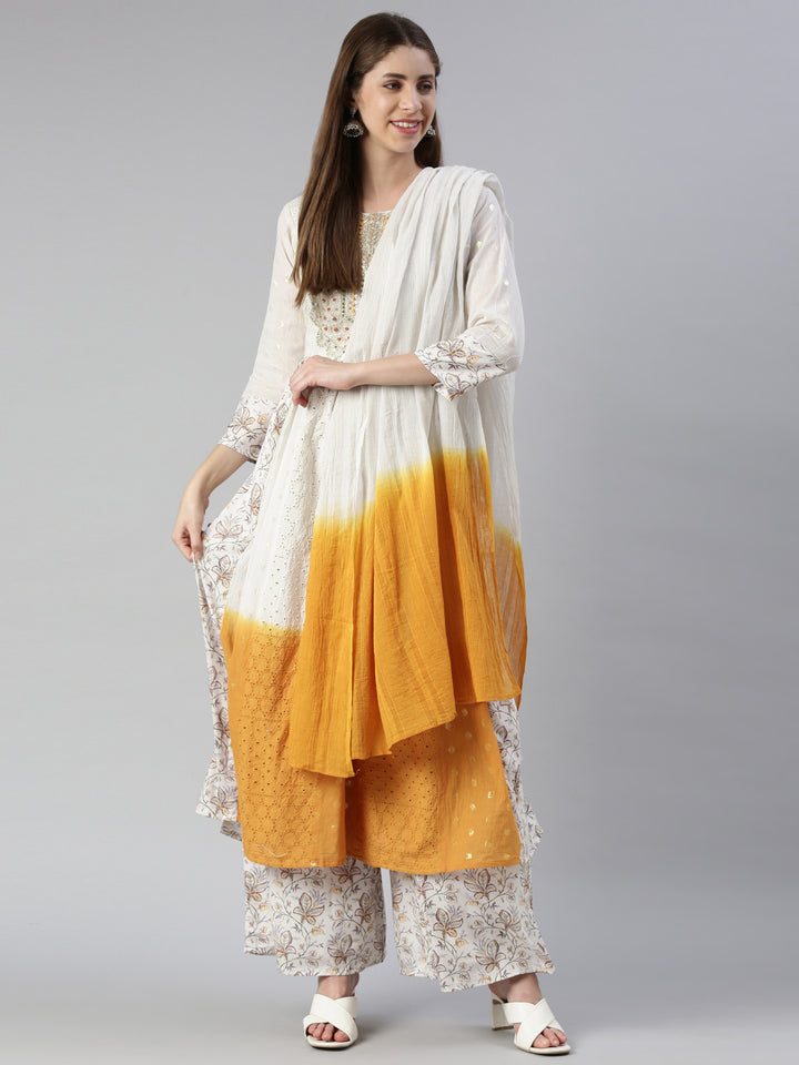 Neerus White embroidered kurta set with palazzo and dupatta - detail view 2