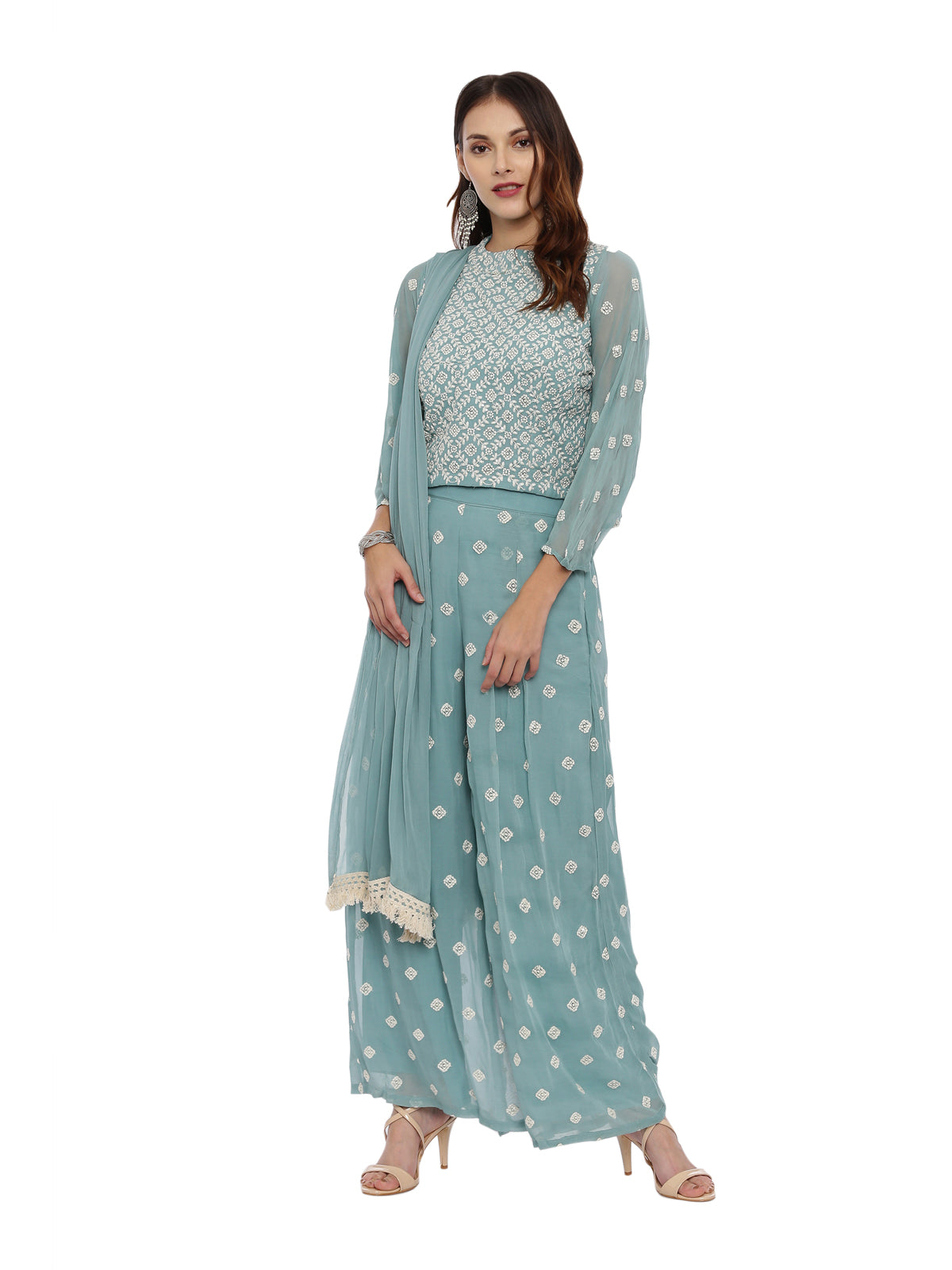 Neeru's Sea Green Color Georgette Fabric Full Sleeves Suit-Plazzo