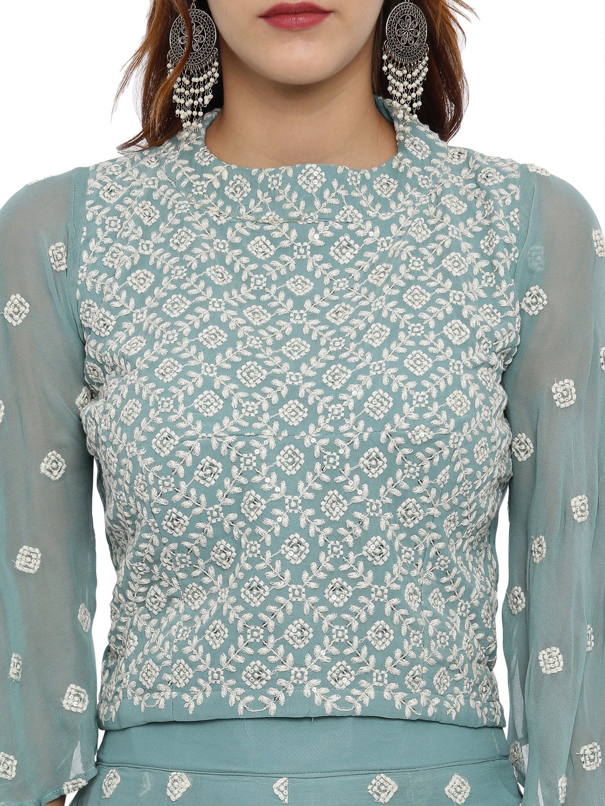 Neeru's Sea Green Color Georgette Fabric Full Sleeves Suit-Plazzo