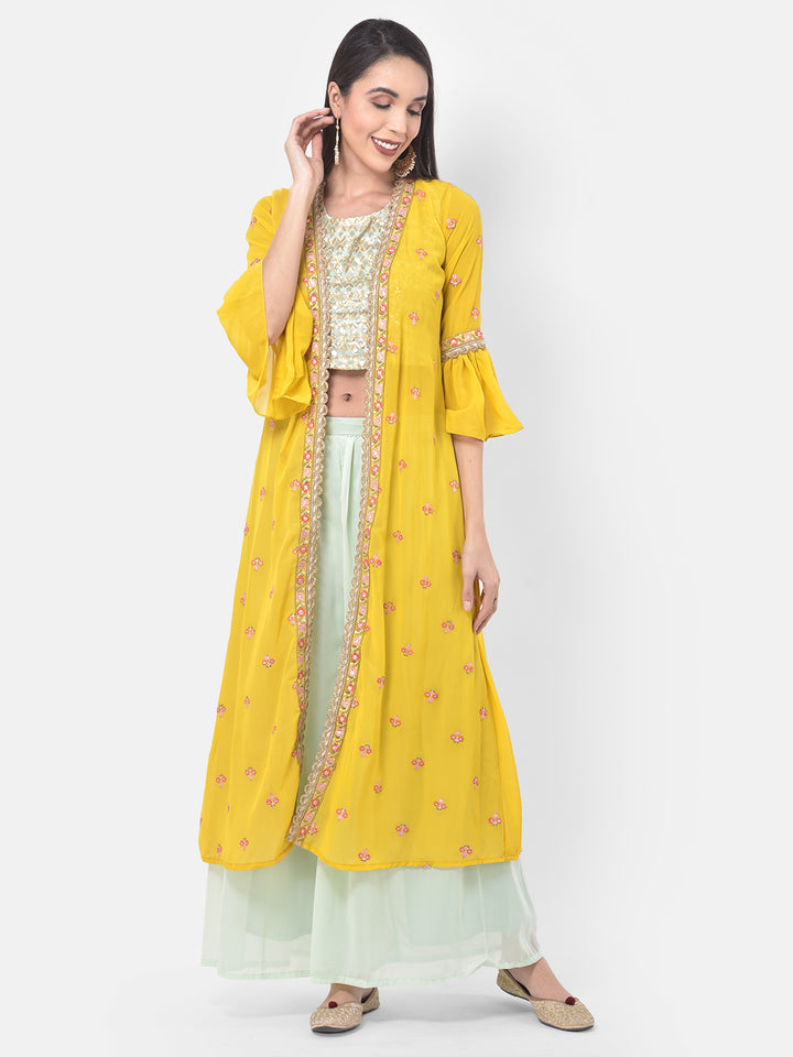 Neerus Aqua & Yellow Embellished Top & Palazzo Set With Shrug