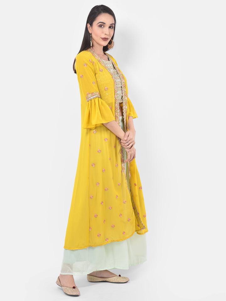 Neerus Aqua & Yellow Embellished Top & Palazzo Set With Shrug