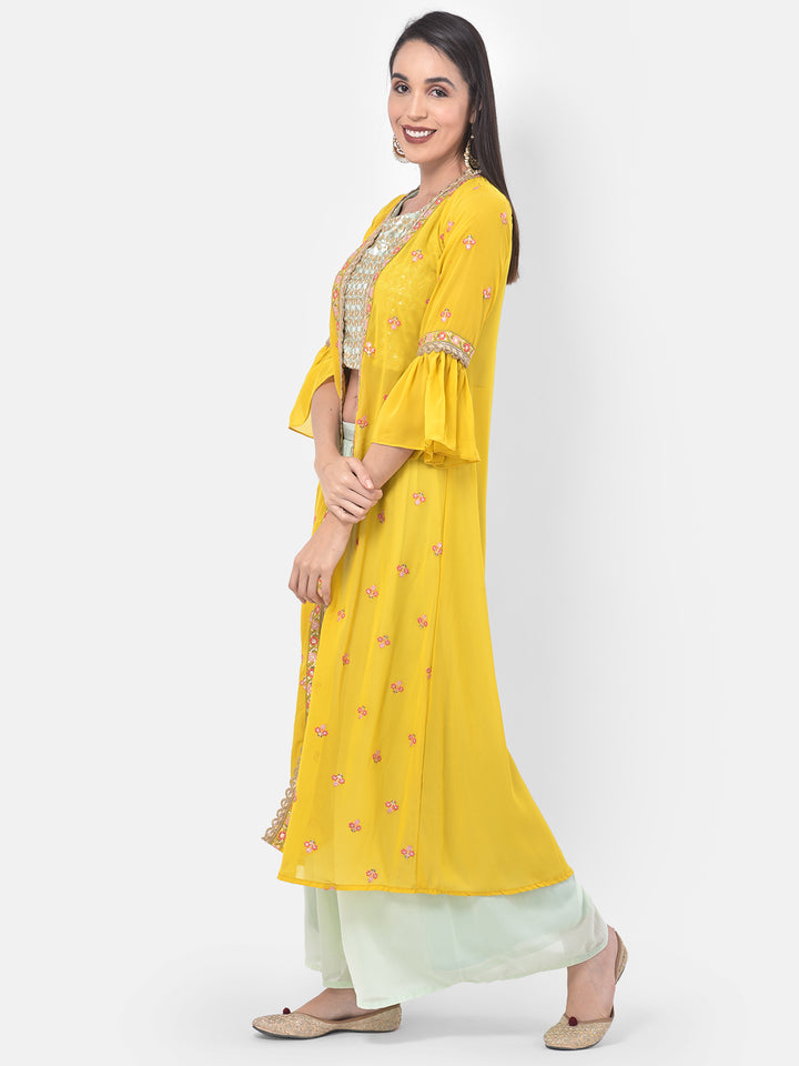 Neerus Aqua & Yellow Embellished Top & Palazzo Set With Shrug