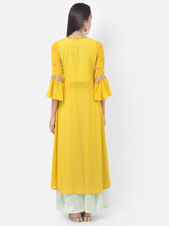 Neerus Aqua & Yellow Embellished Top & Palazzo Set With Shrug