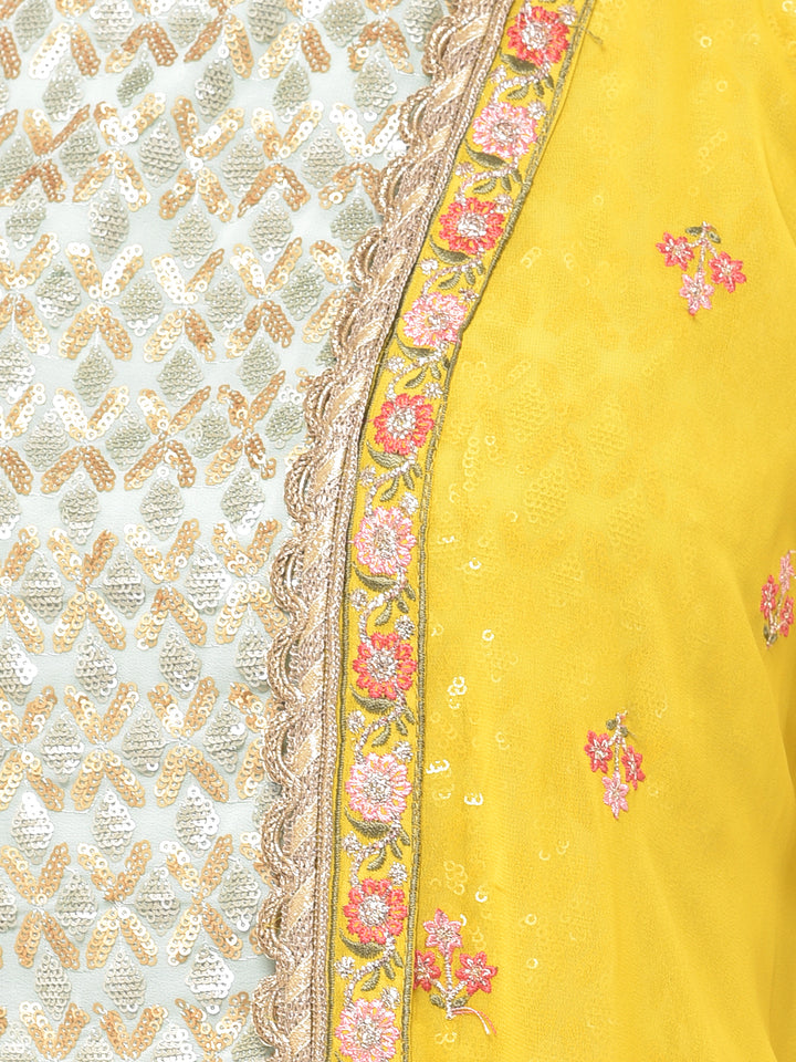 Neerus Aqua & Yellow Embellished Top & Palazzo Set With Shrug