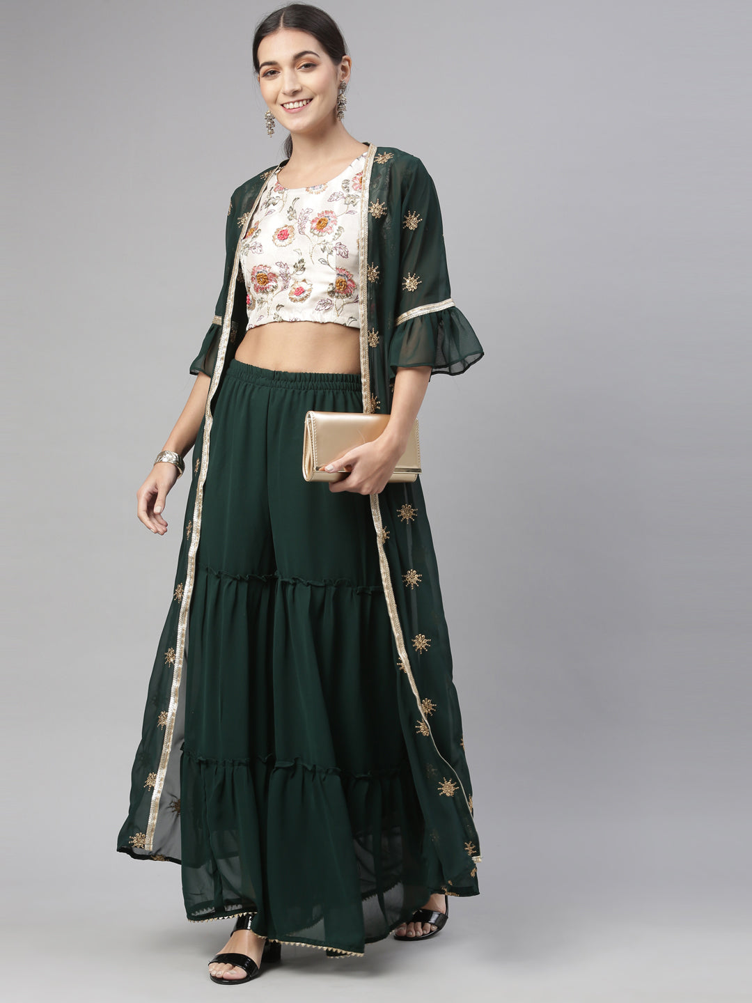 Neeru'S BOTTLE GREEN color, GEORGETTE fabric Suit Set