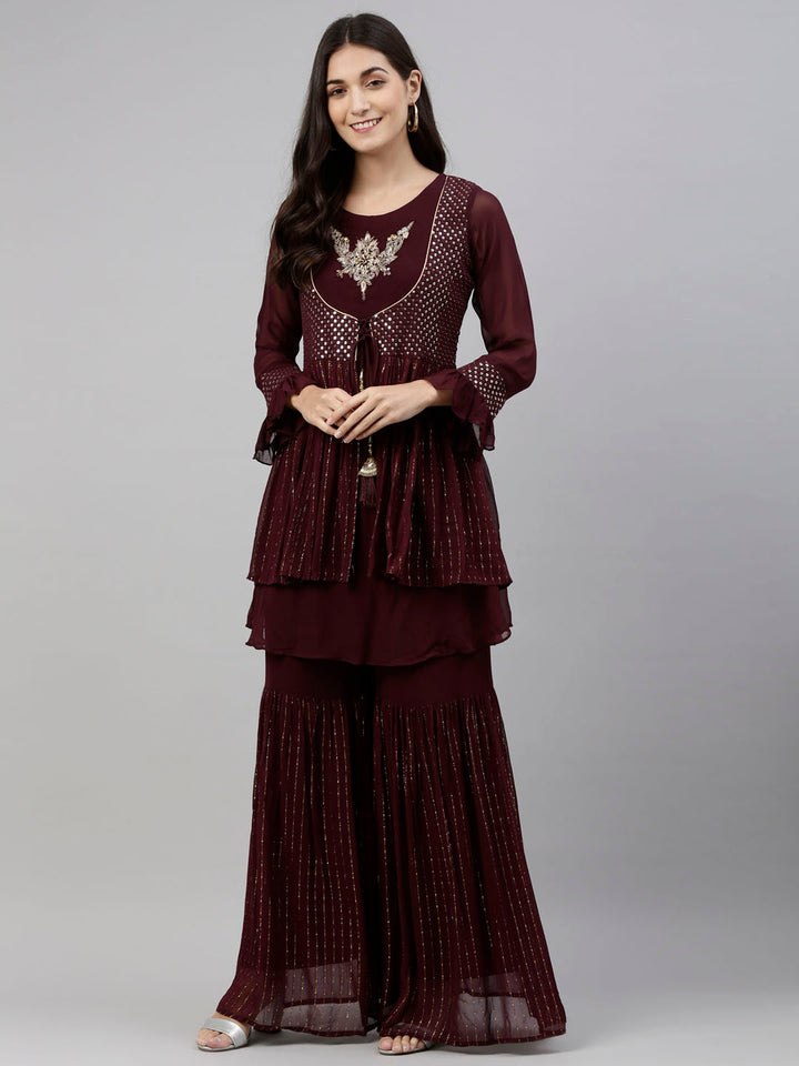 Neerus Maroon georgette anarkali suit set - front view