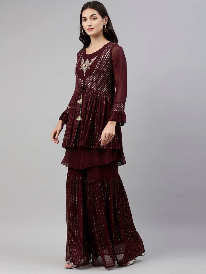 Neerus Maroon georgette anarkali suit set - back view