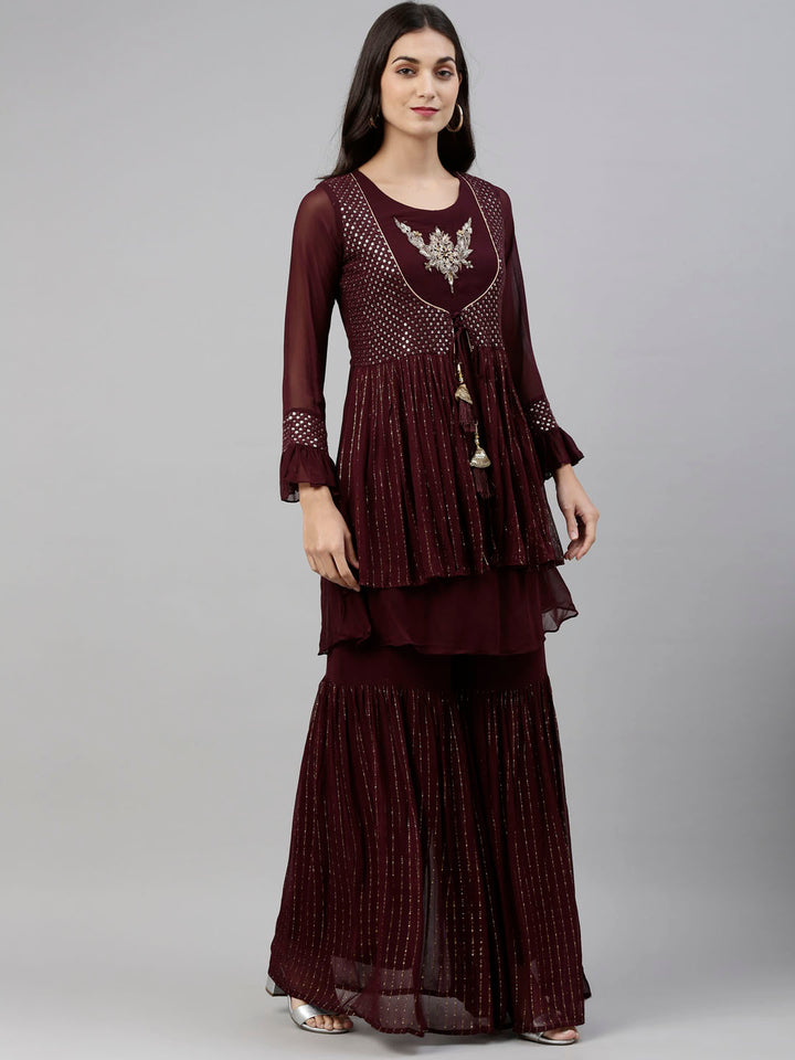 Neerus Maroon georgette anarkali suit set - side view