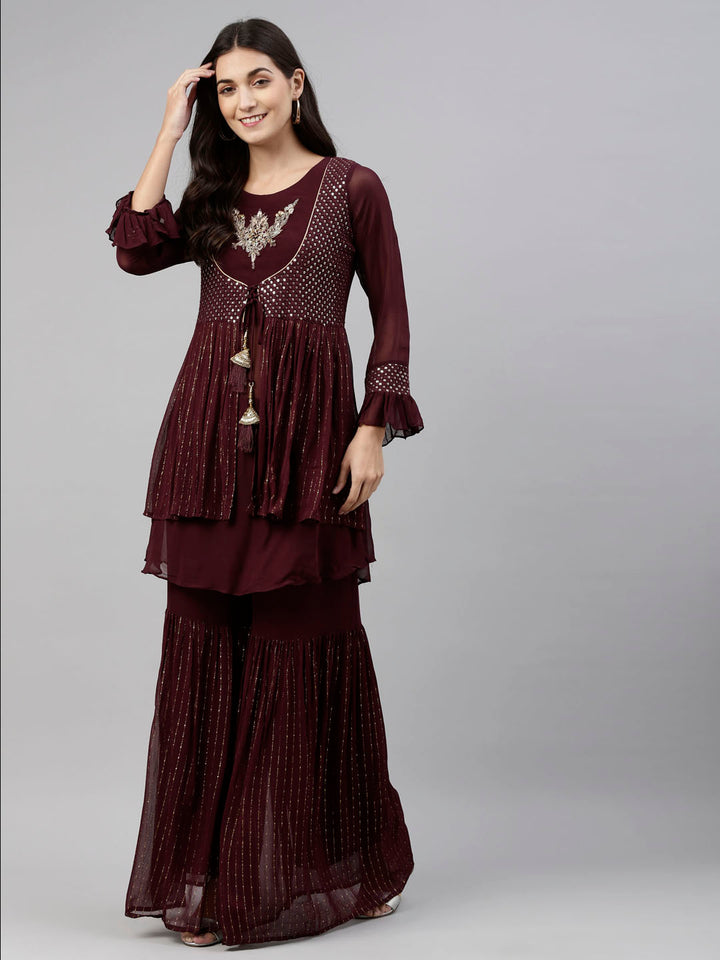 Neerus Maroon georgette anarkali suit set - detail view 2