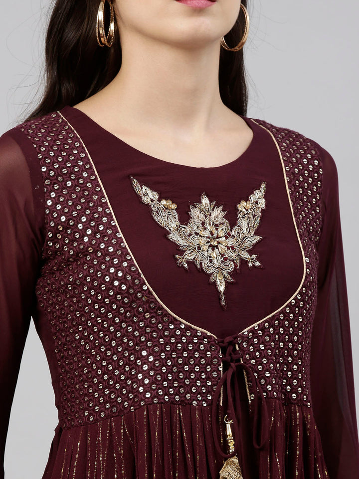 Neerus Maroon georgette anarkali suit set - detail view 4