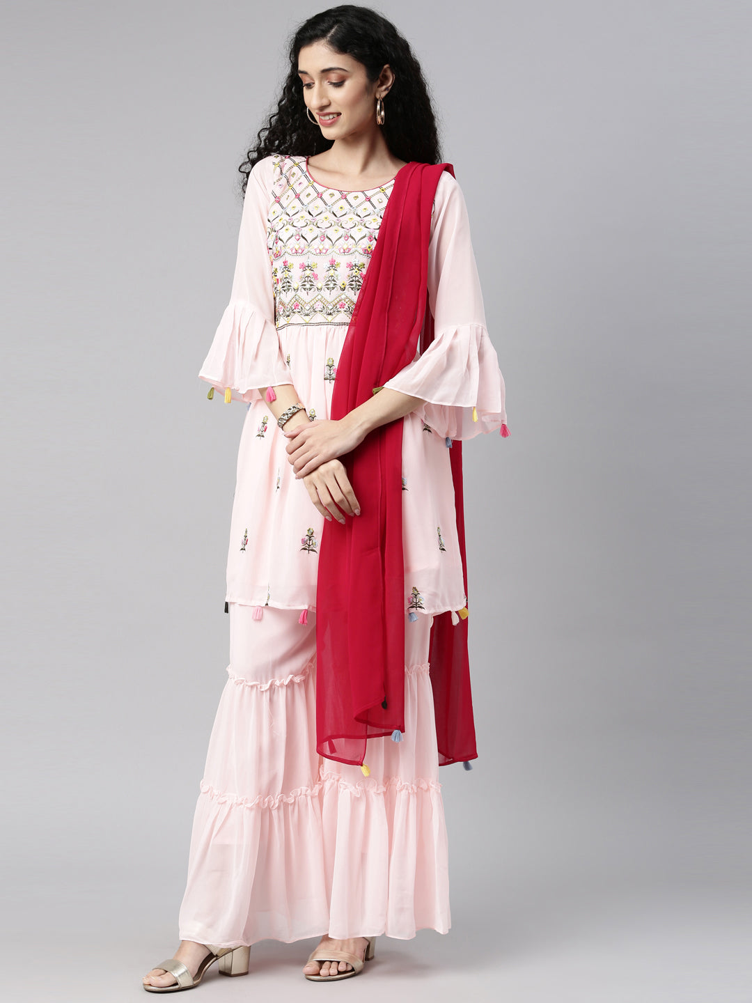 Neerus Pink Color Georgette Fabric Kurta Set