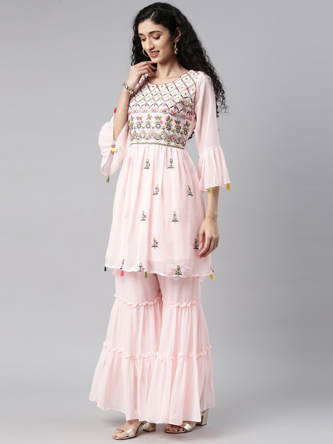 Neerus Pink Color Georgette Fabric Kurta Set