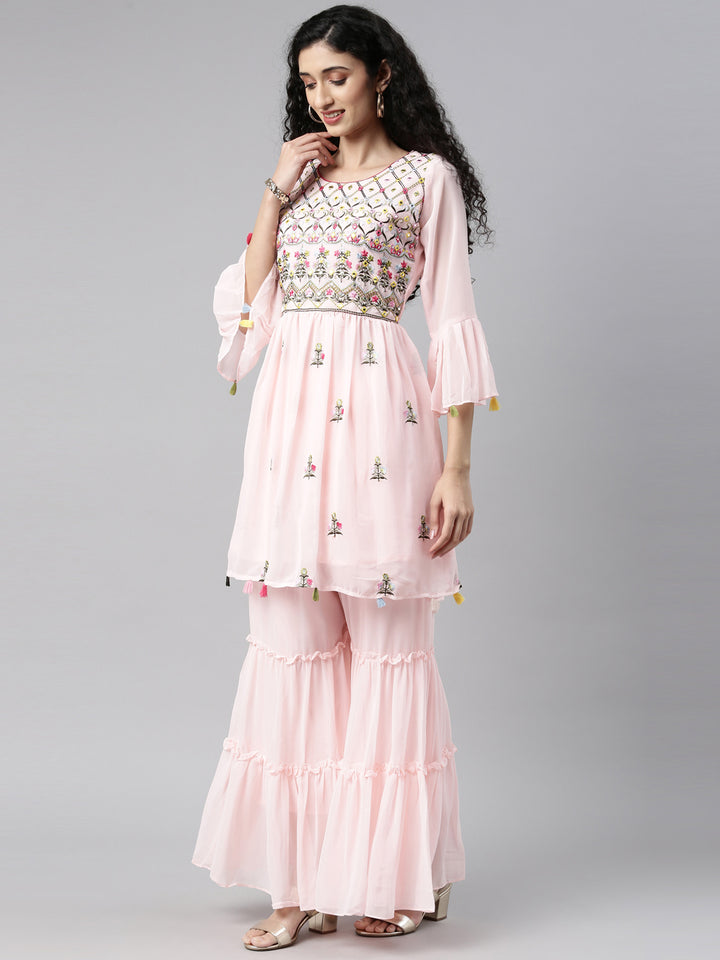 Neerus Pink Color Georgette Fabric Kurta Set