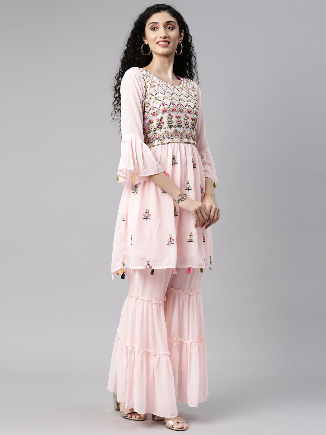 Neerus Pink Color Georgette Fabric Kurta Set