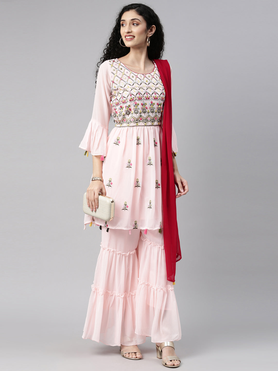 Neerus Pink Color Georgette Fabric Kurta Set