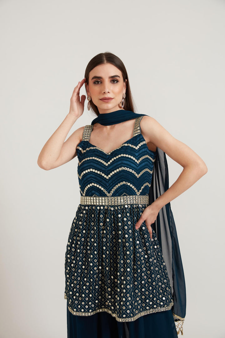 Neerus Blue Georgette Embroidered Anarkali Kurta Set - back view