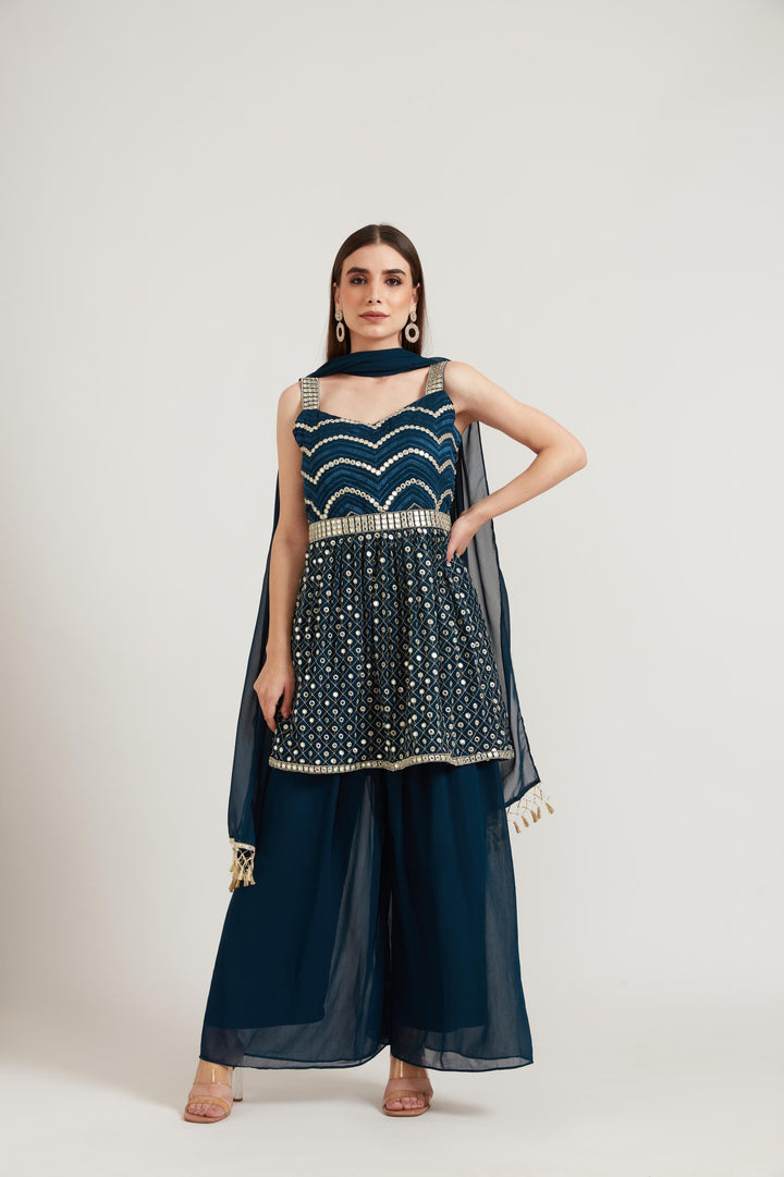 Neerus Blue Georgette Embroidered Anarkali Kurta Set - front view