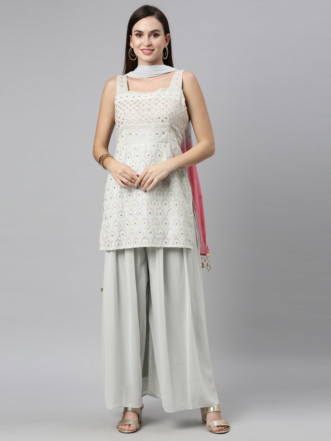 Neerus Grey Color Poly Georgette Fabric Kurta Sets With Dupatta