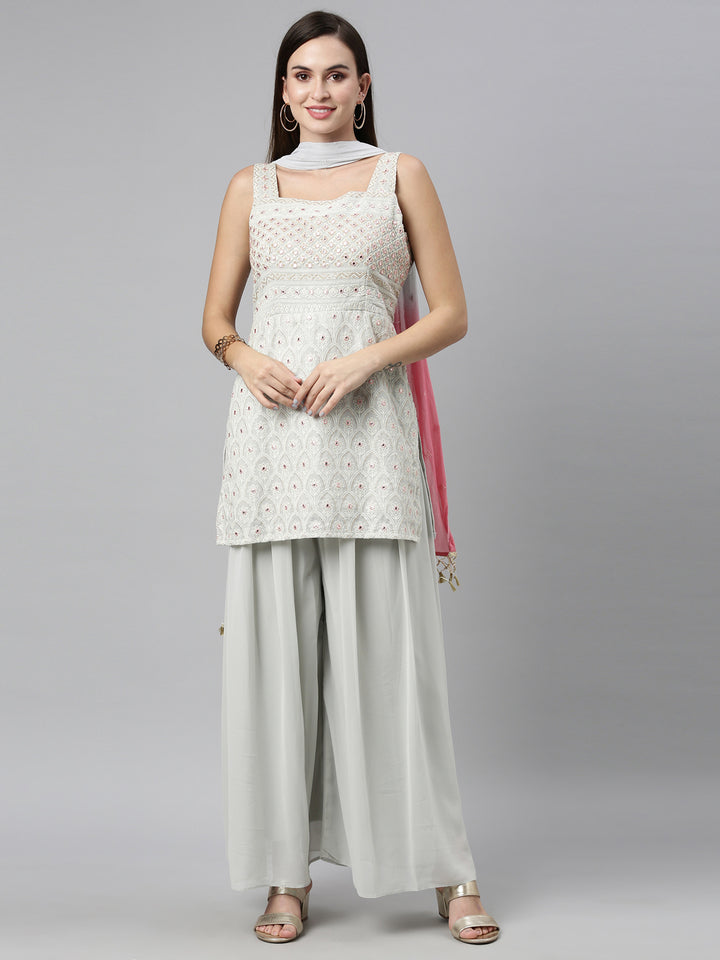 Neerus Grey Color Poly Georgette Fabric Kurta Sets With Dupatta