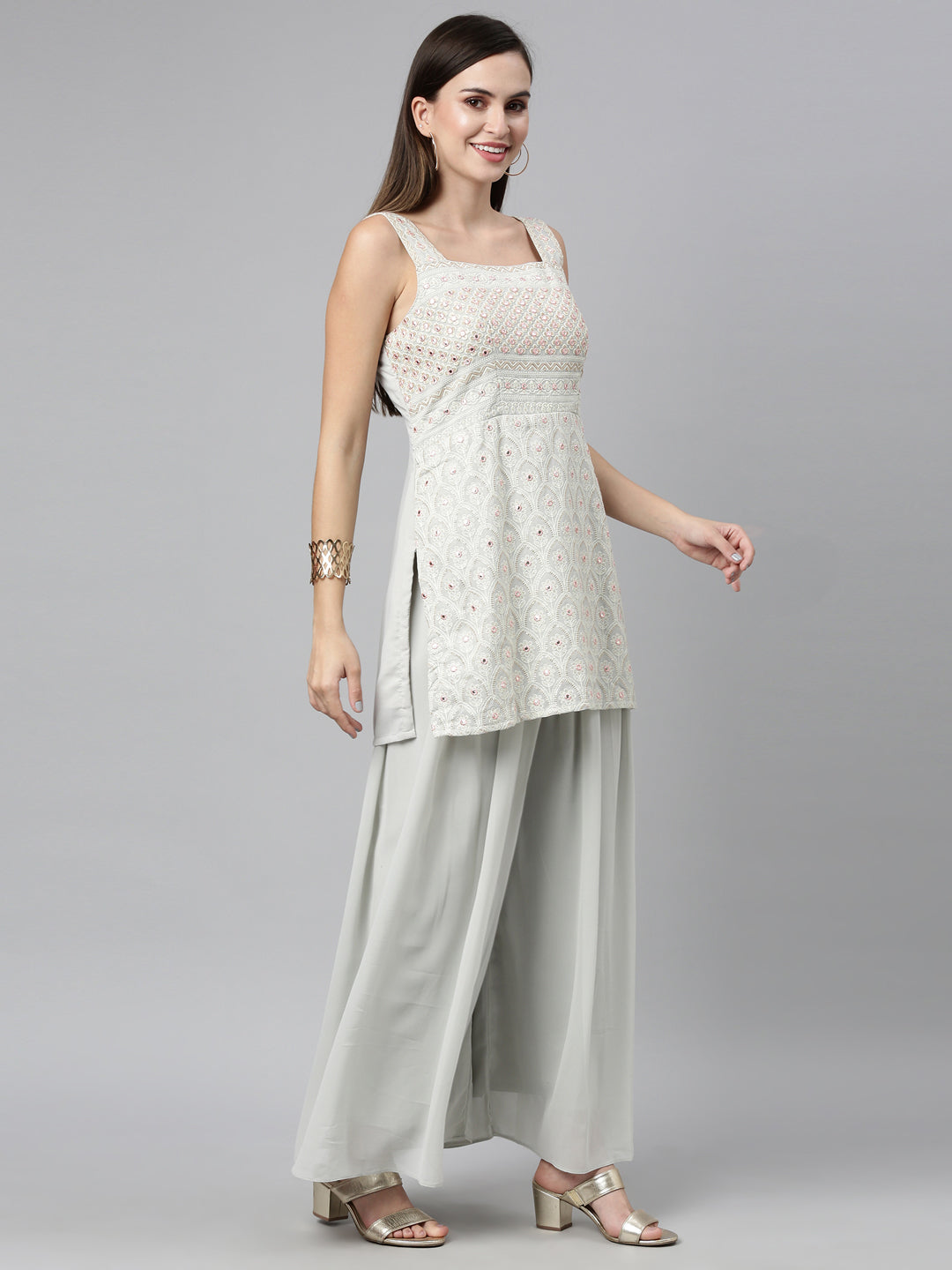 Neerus Grey Color Poly Georgette Fabric Kurta Sets With Dupatta