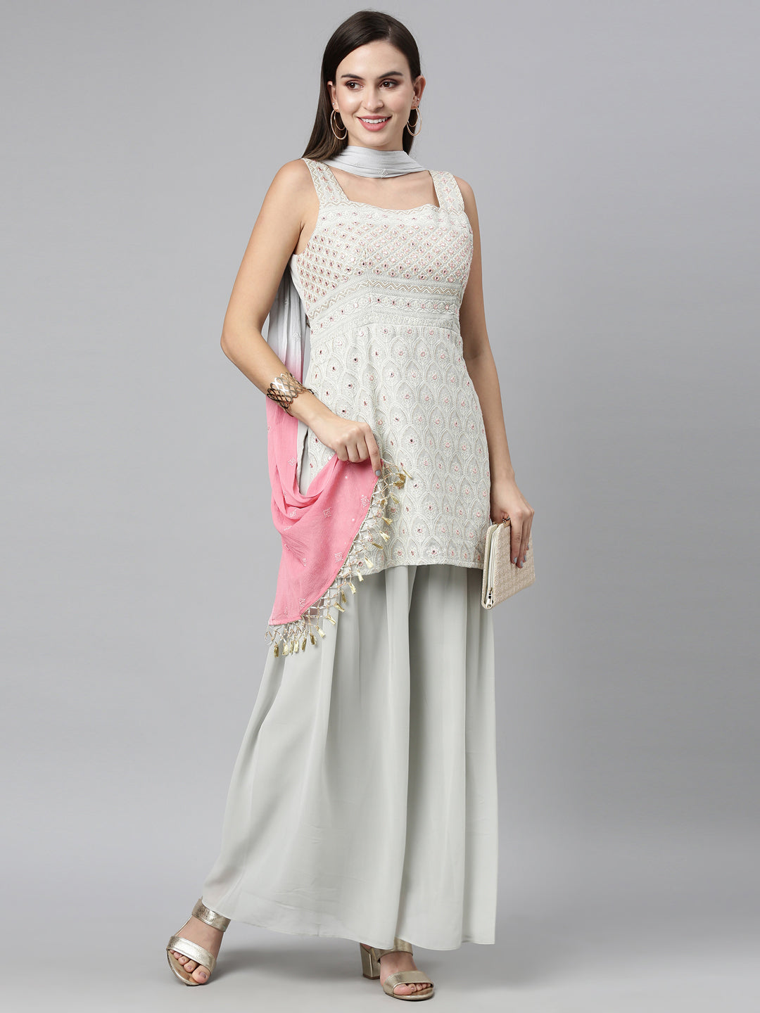 Neerus Grey Color Poly Georgette Fabric Kurta Sets With Dupatta