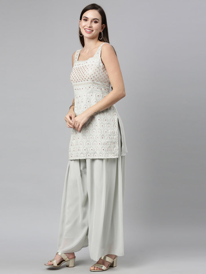 Neerus Grey Color Poly Georgette Fabric Kurta Sets With Dupatta