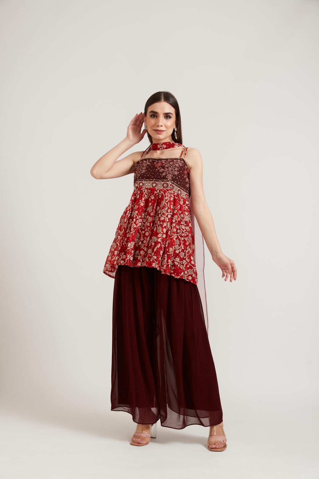 Neerus Maroon Color Georgette Fabric Suit Set