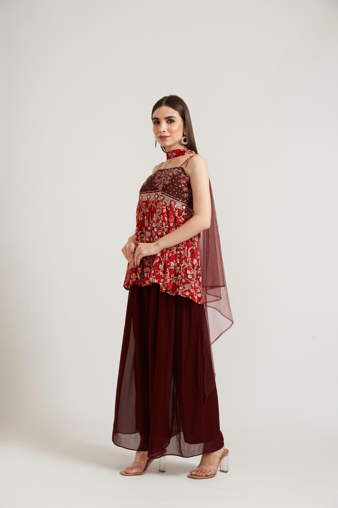 Neerus Maroon Color Georgette Fabric Suit Set