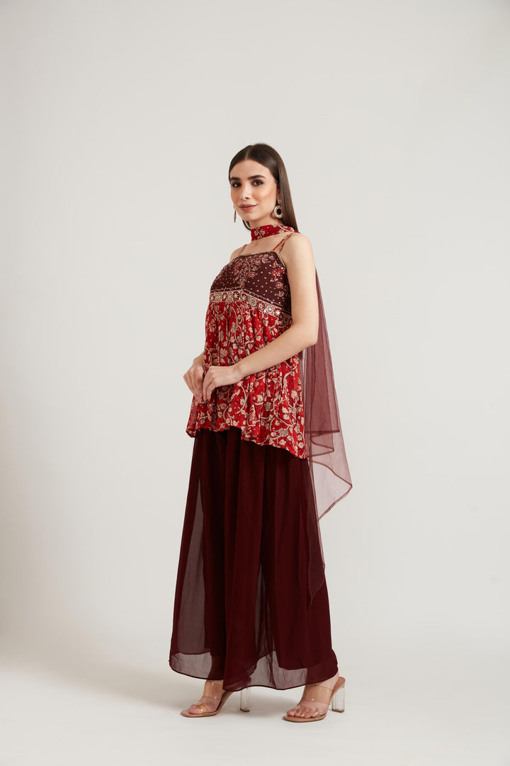 Neerus Maroon Color Georgette Fabric Suit Set