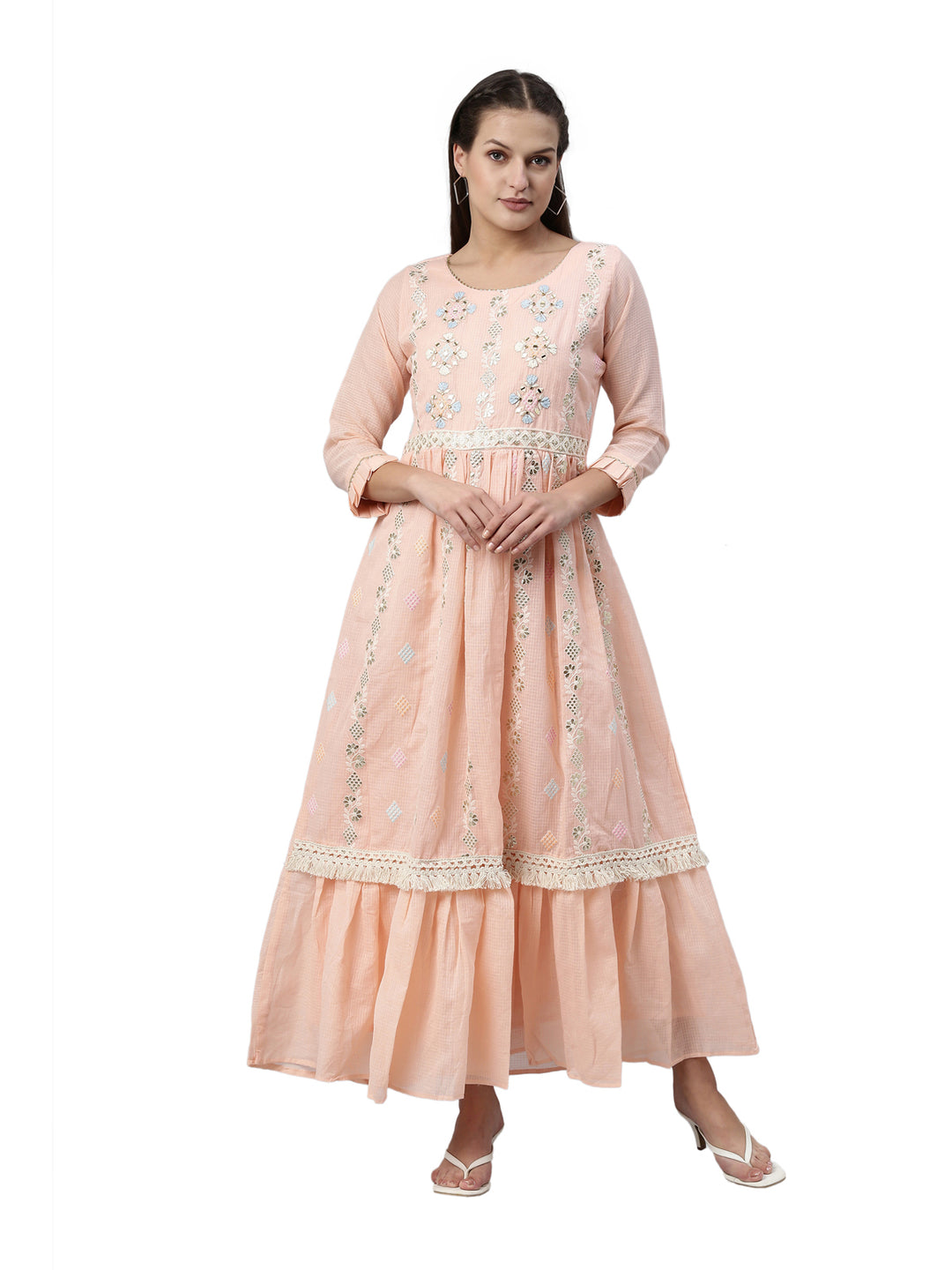 Neerus Peach Color Kota Fabric Kurta