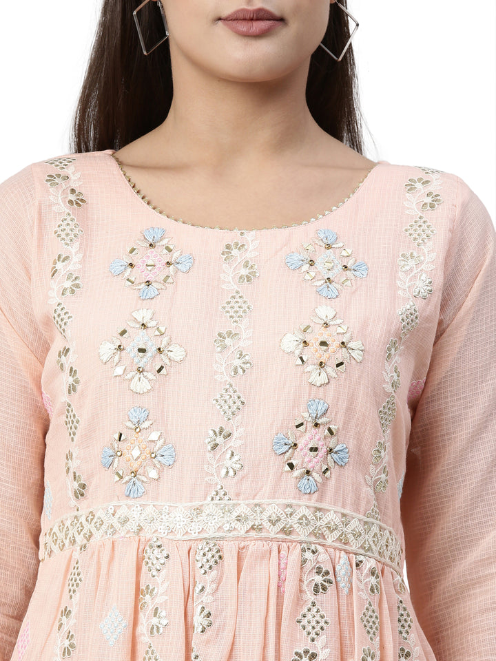 Neerus Peach Color Kota Fabric Kurta