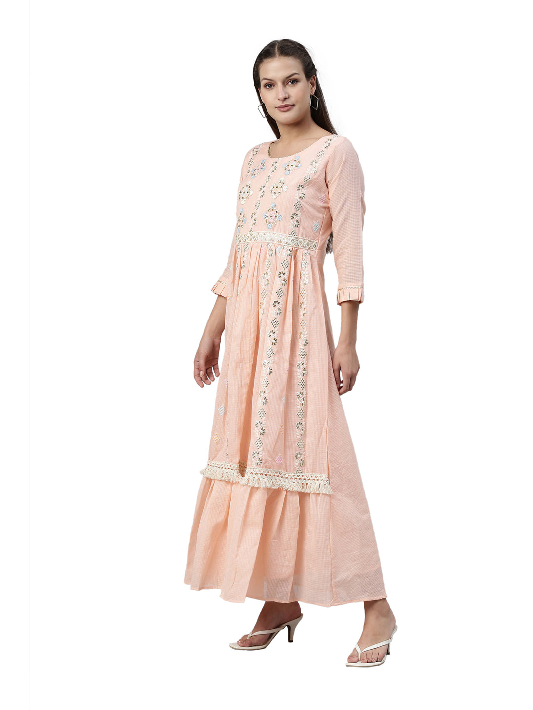 Neerus Peach Color Kota Fabric Kurta